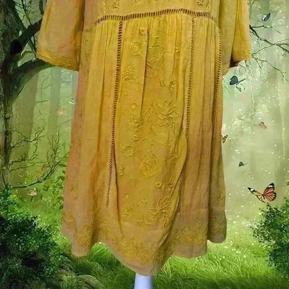 Anthropologie Akemi + Kin Mustard Yellow/Gold Embroidered Dress Size XS - Picture 3 of 10